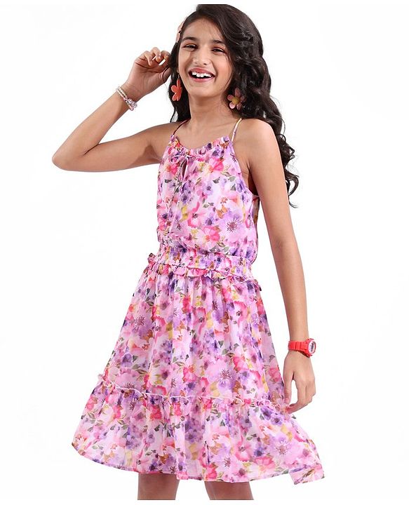 Pine Kids Woven Sleeveless All Over Floral Printed Tiered Dress - Purple
