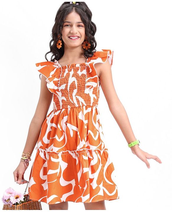 Pine Kids 100% Cotton Woven Ruffled Sleeves All Over Abstract Printed Dress - Orange