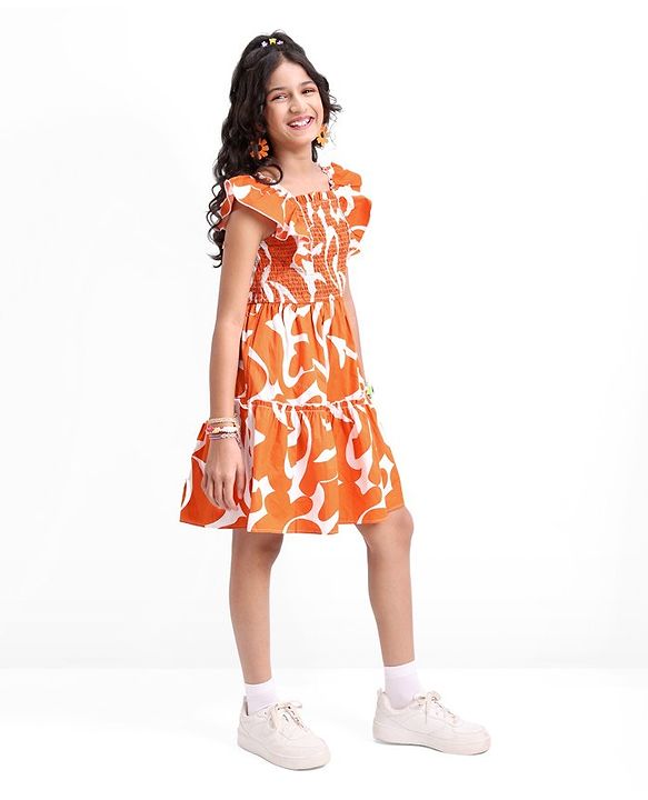 Pine Kids 100% Cotton Woven Ruffled Sleeves All Over Abstract Printed Dress - Orange