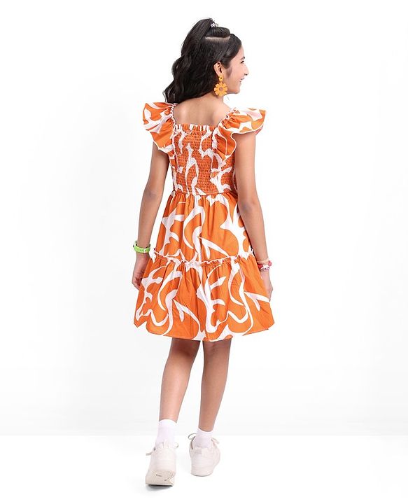 Pine Kids 100% Cotton Woven Ruffled Sleeves All Over Abstract Printed Dress - Orange
