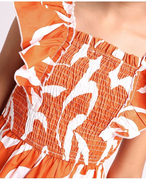 Pine Kids 100% Cotton Woven Ruffled Sleeves All Over Abstract Printed Dress - Orange