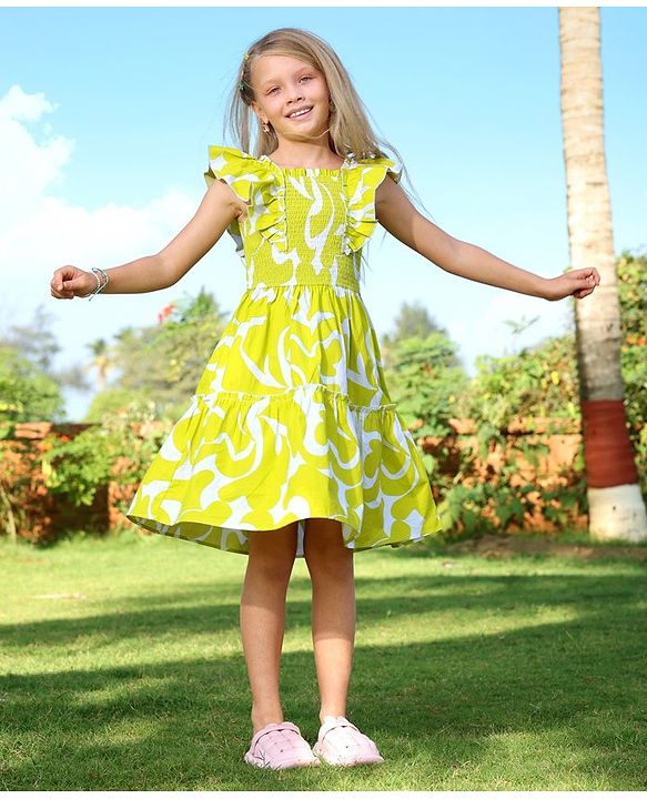 Pine Kids 100% Cotton Woven Ruffled Sleeves All Over Abstract Printed Smoked Dress - Lime Green
