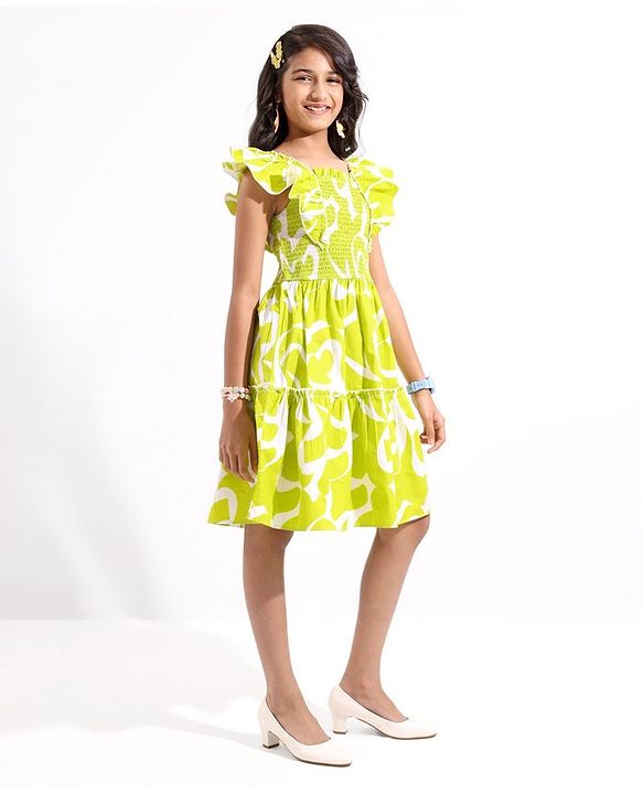 Pine Kids 100% Cotton Woven Ruffled Sleeves All Over Abstract Printed Smoked Dress - Lime Green