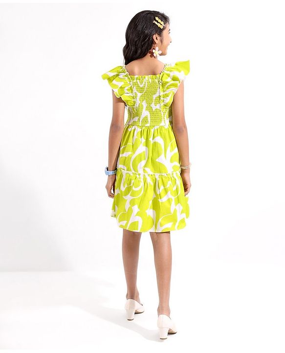Pine Kids 100% Cotton Woven Ruffled Sleeves All Over Abstract Printed Smoked Dress - Lime Green