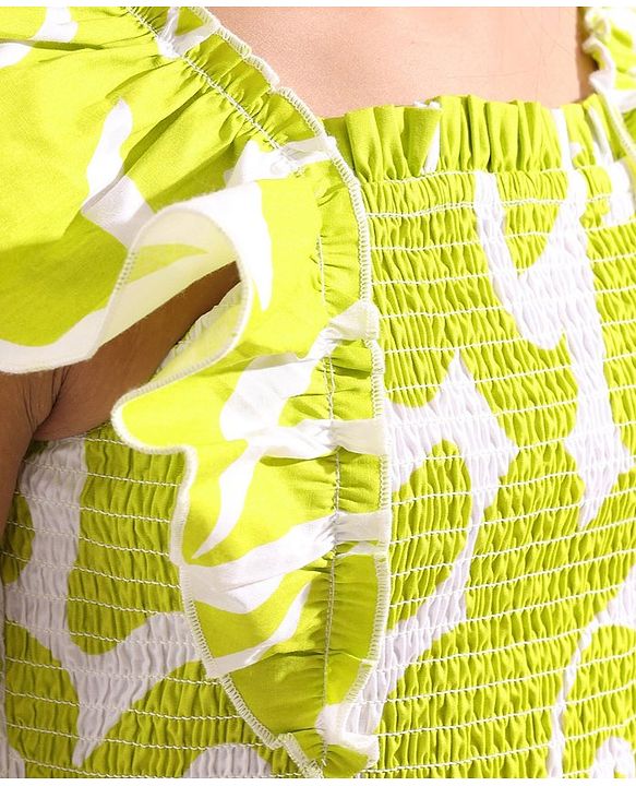 Pine Kids 100% Cotton Woven Ruffled Sleeves All Over Abstract Printed Smoked Dress - Lime Green