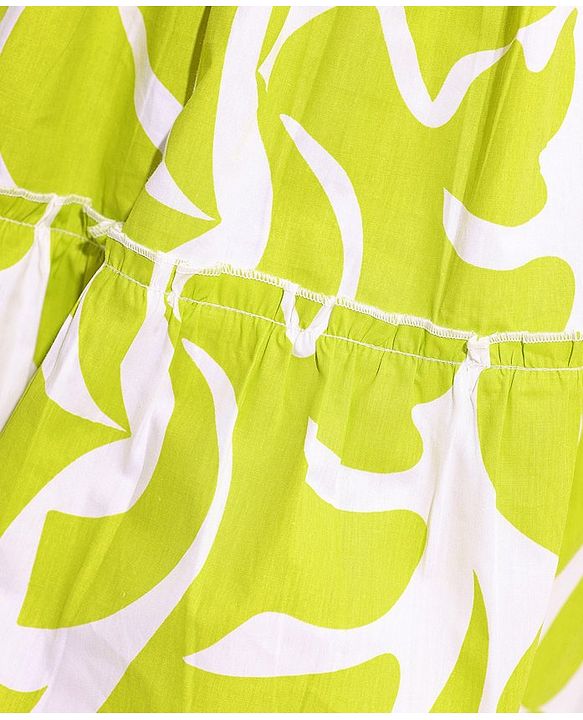 Pine Kids 100% Cotton Woven Ruffled Sleeves All Over Abstract Printed Smoked Dress - Lime Green