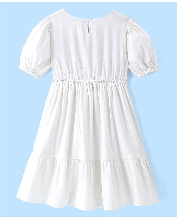 Pine Kids Cotton Half Sleeves Frock with Floral Embroidery - White