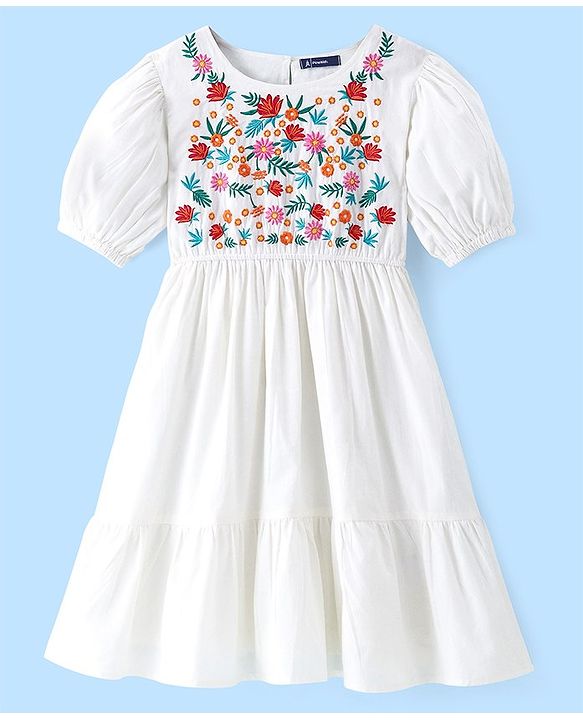 Pine Kids Cotton Half Sleeves Frock with Floral Embroidery - White