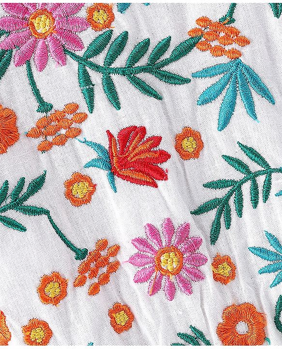 Pine Kids Cotton Half Sleeves Frock with Floral Embroidery - White
