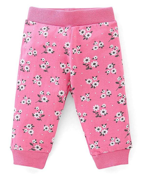 Babyhug Cotton Jersey Knit Full Length Lounge Pants Floral Print Pack of 2 - Pink & Blue