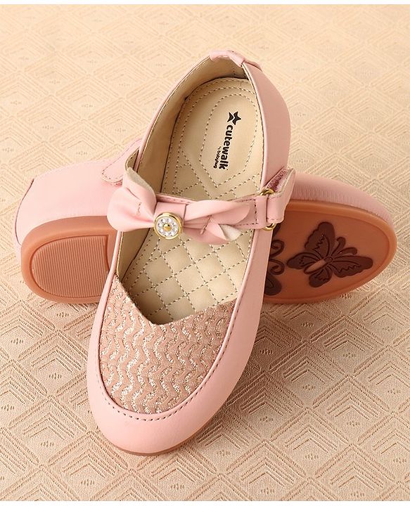 Cute Walk by Babyhug Slip On Bellies with Velcro Closure & Bow Applique - Pink