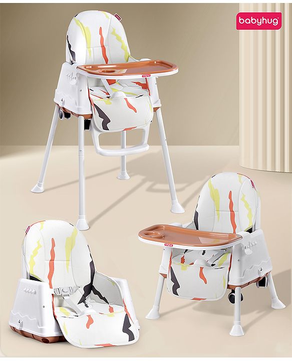 Babyhug Comfy High Chair with Printed Cushion - Brown| High Chair, Feeding Chair & Booster Chair| Adjustable Double Food Tray| Removable PU Leather Seat| Safety Harness| Removable Footrest