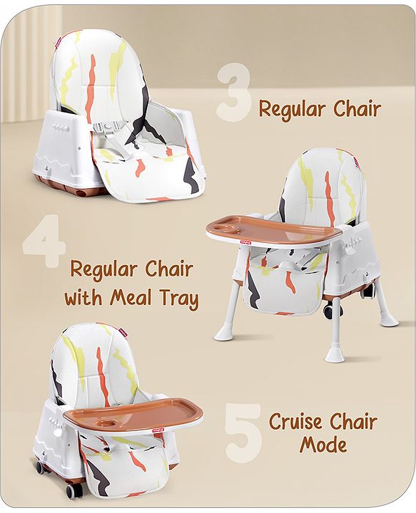 Babyhug Comfy High Chair with Printed Cushion - Brown| High Chair, Feeding Chair & Booster Chair| Adjustable Double Food Tray| Removable PU Leather Seat| Safety Harness| Removable Footrest
