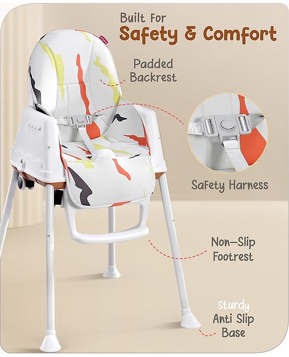 Babyhug Comfy High Chair with Printed Cushion - Brown| High Chair, Feeding Chair & Booster Chair| Adjustable Double Food Tray| Removable PU Leather Seat| Safety Harness| Removable Footrest