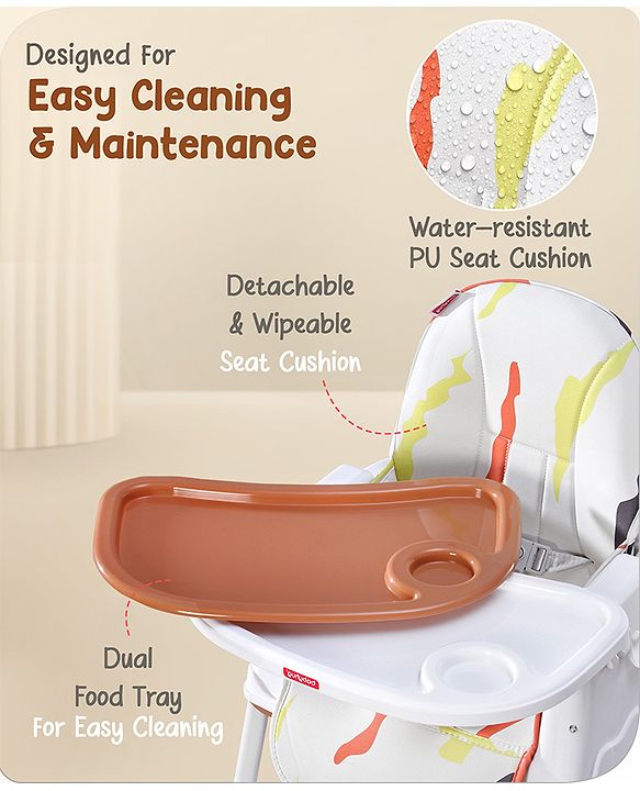 Babyhug Comfy High Chair with Printed Cushion - Brown| High Chair, Feeding Chair & Booster Chair| Adjustable Double Food Tray| Removable PU Leather Seat| Safety Harness| Removable Footrest
