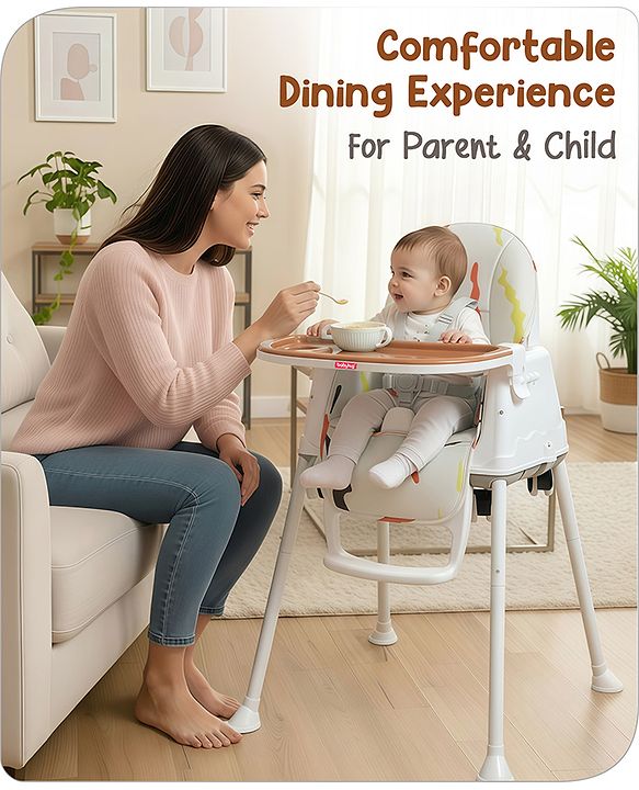 Babyhug Comfy High Chair with Printed Cushion - Brown| High Chair, Feeding Chair & Booster Chair| Adjustable Double Food Tray| Removable PU Leather Seat| Safety Harness| Removable Footrest