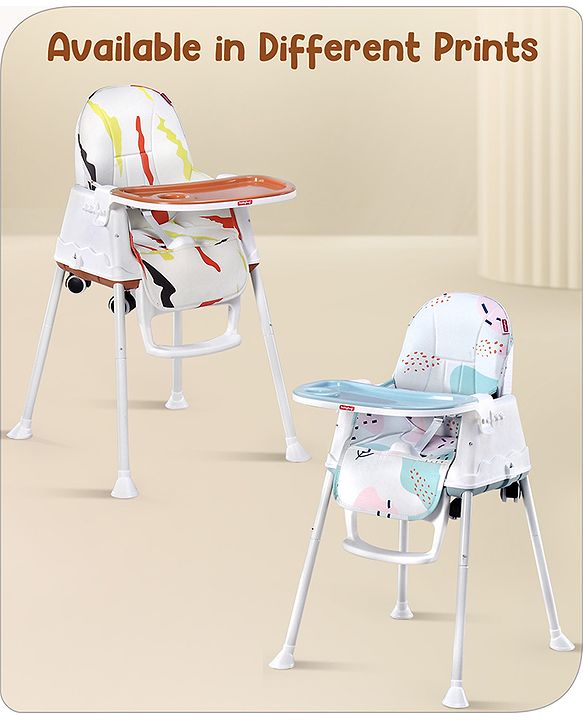 Babyhug Comfy High Chair with Printed Cushion - Brown| High Chair, Feeding Chair & Booster Chair| Adjustable Double Food Tray| Removable PU Leather Seat| Safety Harness| Removable Footrest