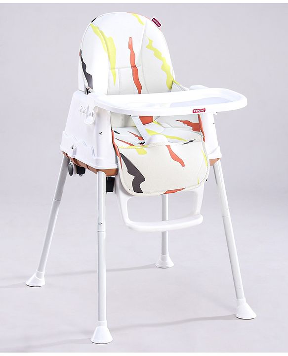 Babyhug Comfy High Chair with Printed Cushion - Brown| High Chair, Feeding Chair & Booster Chair| Adjustable Double Food Tray| Removable PU Leather Seat| Safety Harness| Removable Footrest