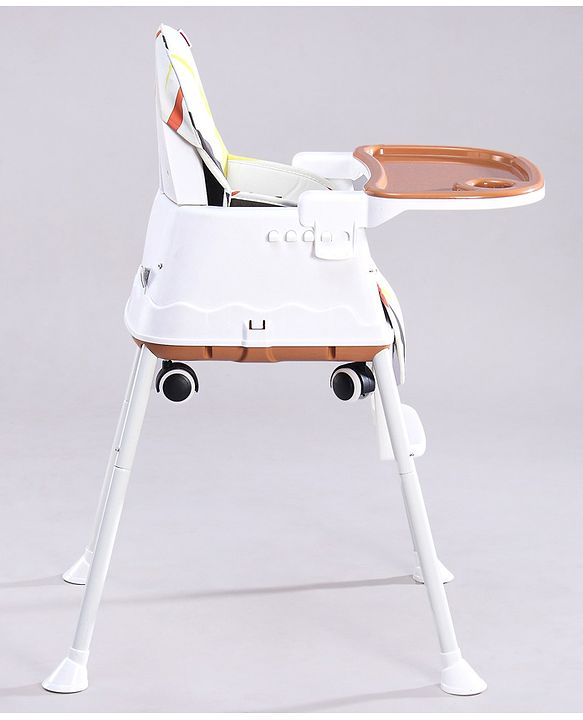 Babyhug Comfy High Chair with Printed Cushion - Brown| High Chair, Feeding Chair & Booster Chair| Adjustable Double Food Tray| Removable PU Leather Seat| Safety Harness| Removable Footrest