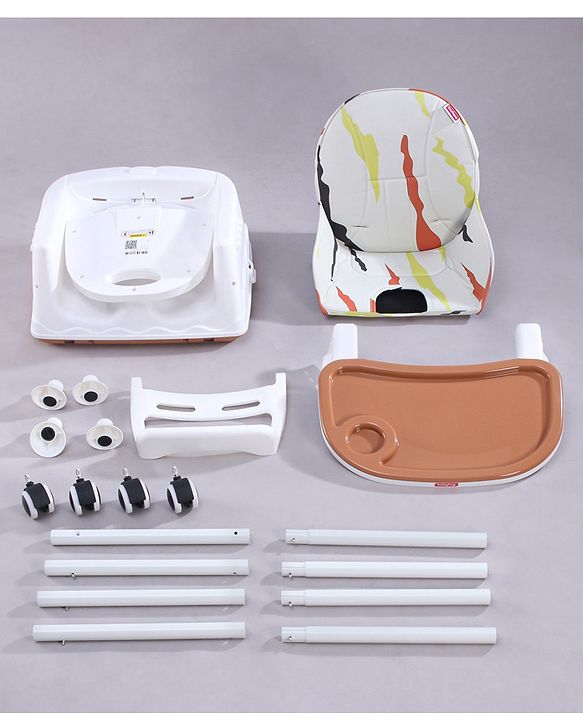 Babyhug Comfy High Chair with Printed Cushion - Brown| High Chair, Feeding Chair & Booster Chair| Adjustable Double Food Tray| Removable PU Leather Seat| Safety Harness| Removable Footrest