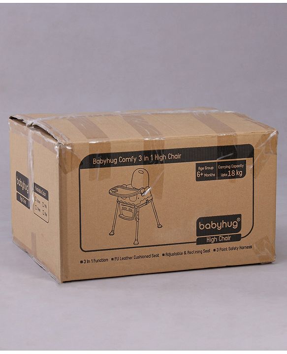 Babyhug Comfy High Chair with Printed Cushion - Brown| High Chair, Feeding Chair & Booster Chair| Adjustable Double Food Tray| Removable PU Leather Seat| Safety Harness| Removable Footrest