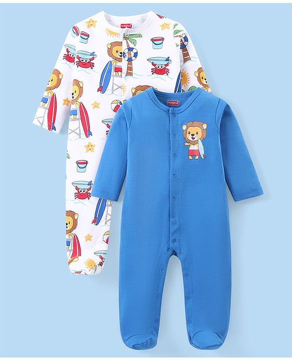 Babyhug Cotton Knit Full Sleeves Sleepsuits With Animal Print Pack Of 2 - Multicolor