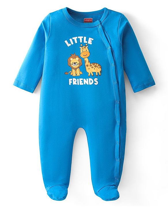 Babyhug Interlock Full Sleeve Footed Sleepsuit Lion & Giraffe Print - Blue