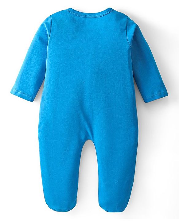 Babyhug Interlock Full Sleeve Footed Sleepsuit Lion & Giraffe Print - Blue