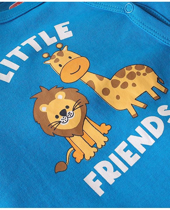 Babyhug Interlock Full Sleeve Footed Sleepsuit Lion & Giraffe Print - Blue