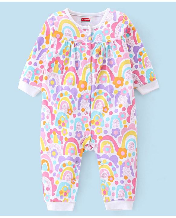 Babyhug 100% Cotton Knit Full Sleeves Floral Print Romper - Multicolour