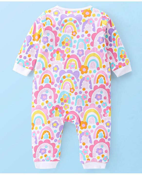 Babyhug 100% Cotton Knit Full Sleeves Floral Print Romper - Multicolour