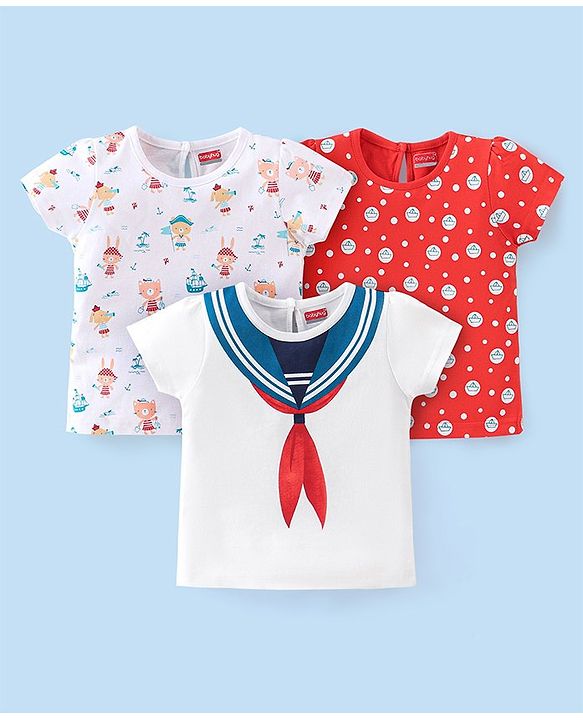 Babyhug Cotton Knit Half Sleeves T-Shirts with Frill Detailing Teddy Print Pack of 3 - Multicolour