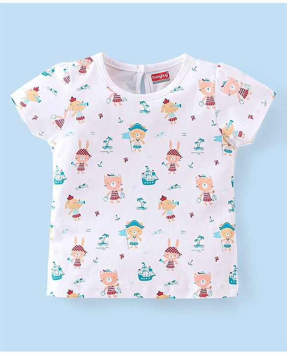 Babyhug Cotton Knit Half Sleeves T-Shirts with Frill Detailing Teddy Print Pack of 3 - Multicolour
