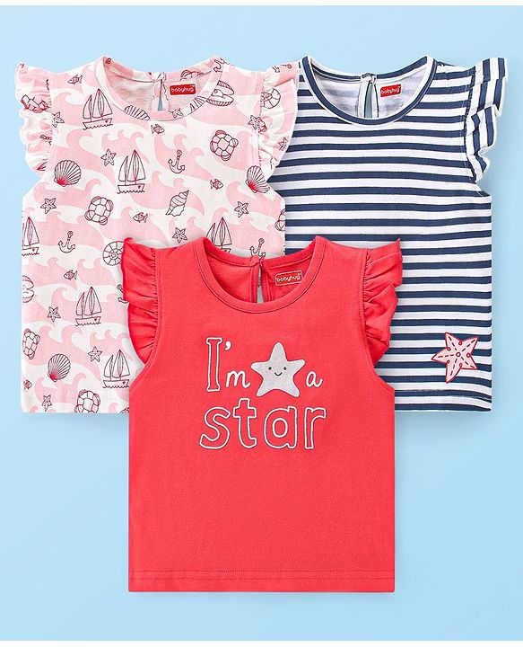 Babyhug 100% Cotton Knit Frill Sleeves Tops Boat Print Pack of 3 - Multicolour