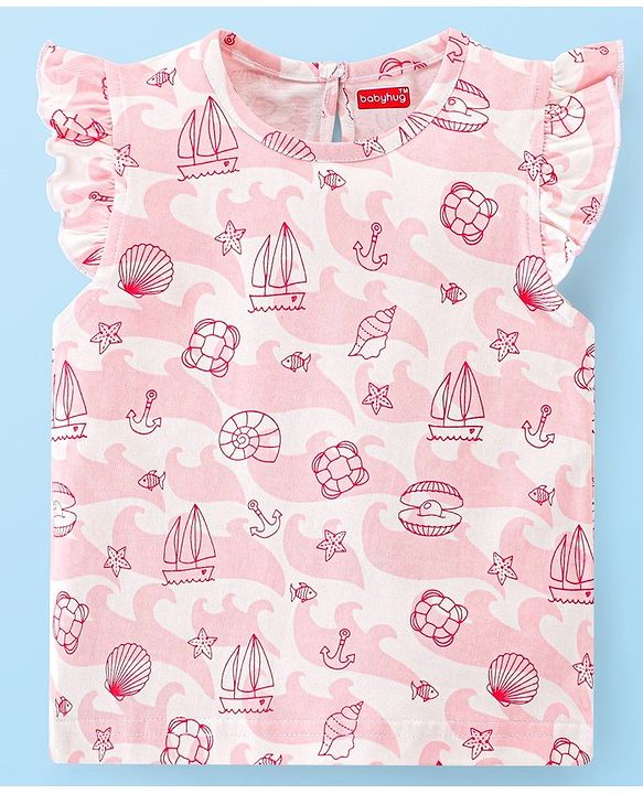 Babyhug 100% Cotton Knit Frill Sleeves Tops Boat Print Pack of 3 - Multicolour
