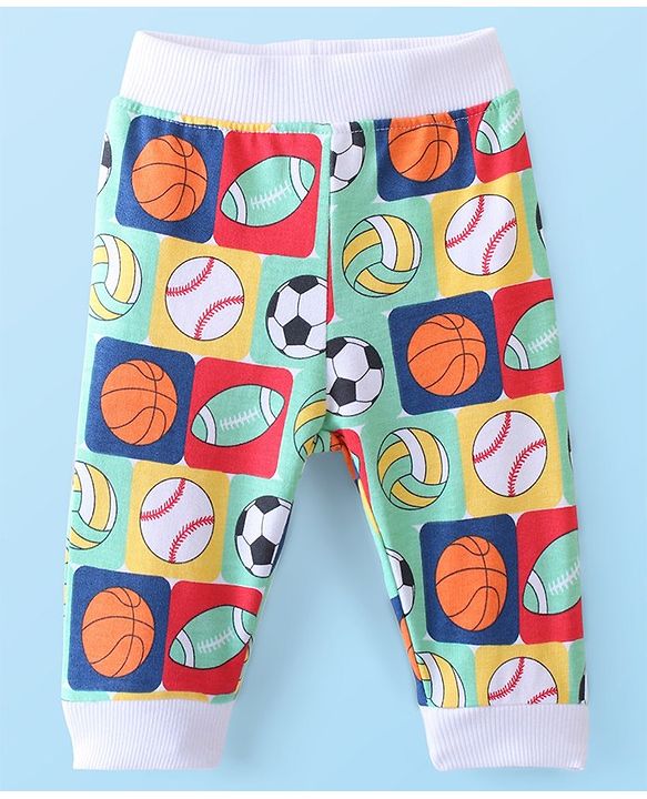 Babyhug Cotton Looper Knit Full Length Lounge Pant Foot Ball Print - Multicolour