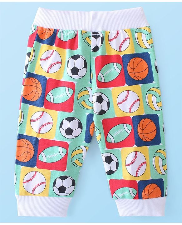 Babyhug Cotton Looper Knit Full Length Lounge Pant Foot Ball Print - Multicolour