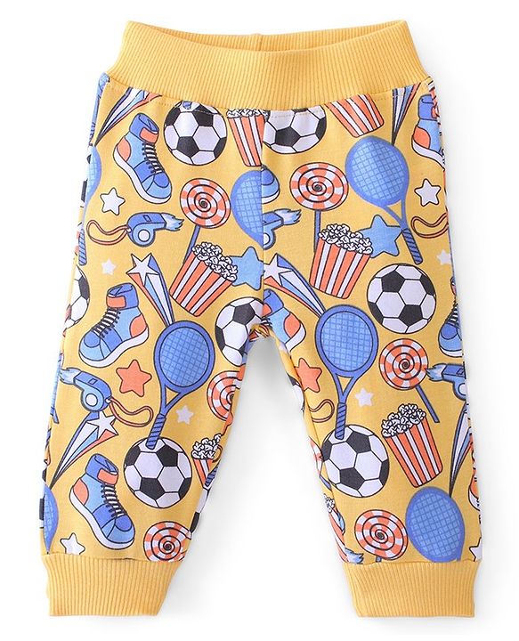 Babyhug Cotton Looper Knit Full Length Lounge Pant Ball Print - Yellow