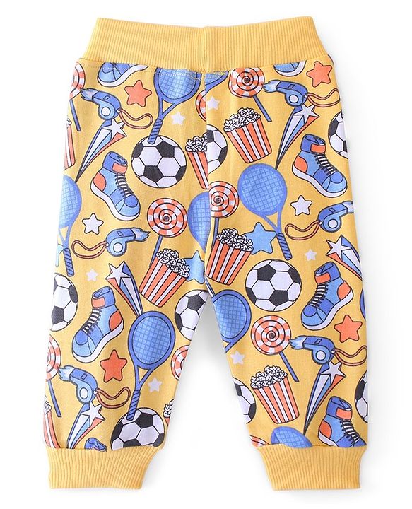 Babyhug Cotton Looper Knit Full Length Lounge Pant Ball Print - Yellow