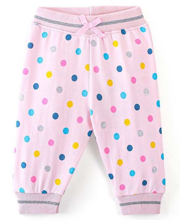 Babyhug Cotton Looper Knit Full Length Lounge Pant Polka Dot Print - Pink