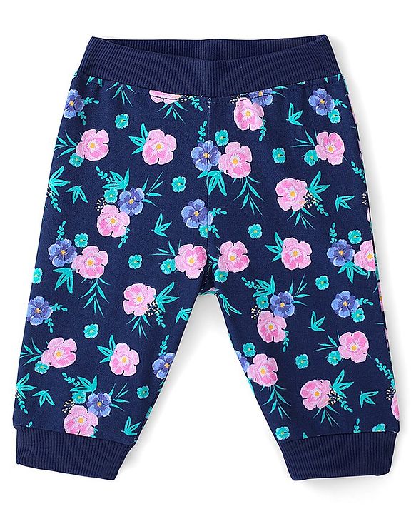 Babyhug Cotton Looper Knit Full Length Lounge Pant Floral Print - Blue