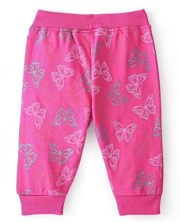 Babyhug Cotton Looper Knit Full Length Lounge Pants Butterfly Print- Fuschia