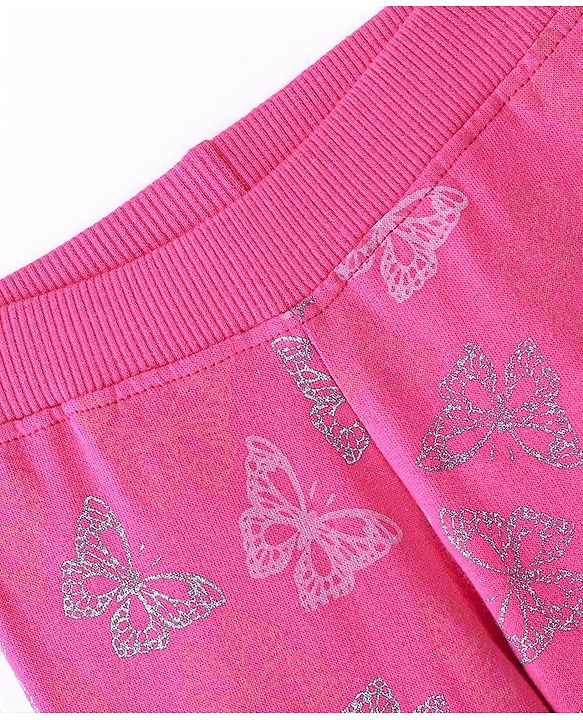 Babyhug Cotton Looper Knit Full Length Lounge Pants Butterfly Print- Fuschia