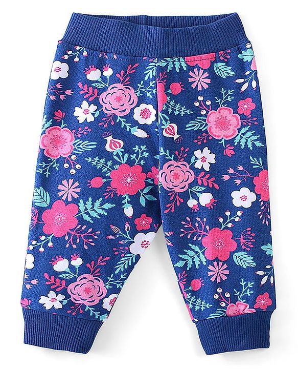 Babyhug Cotton Looper Knit Full Length Lounge Pant Floral Print - Blue