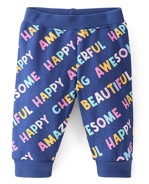 Babyhug Cotton Looper Full Length Lounge Pant With Text Print - Navy Blue