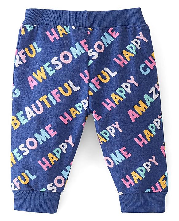 Babyhug Cotton Looper Full Length Lounge Pant With Text Print - Navy Blue
