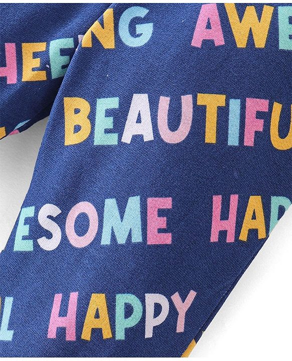 Babyhug Cotton Looper Full Length Lounge Pant With Text Print - Navy Blue