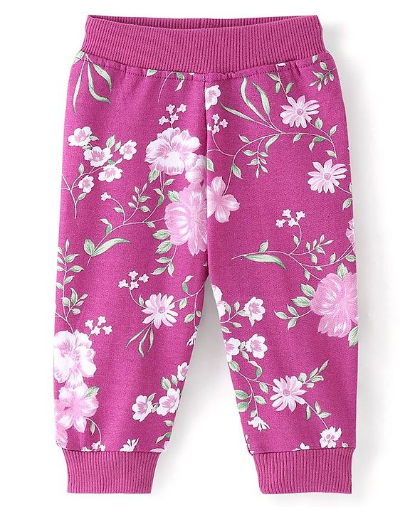 Babyhug Cotton Looper Knit Full Length Lounge Pant Floral Print - Purple