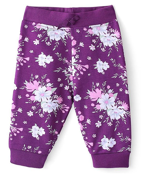 Babyhug Cotton Looper Knit Full Length Lounge Pant Floral Print - Purple