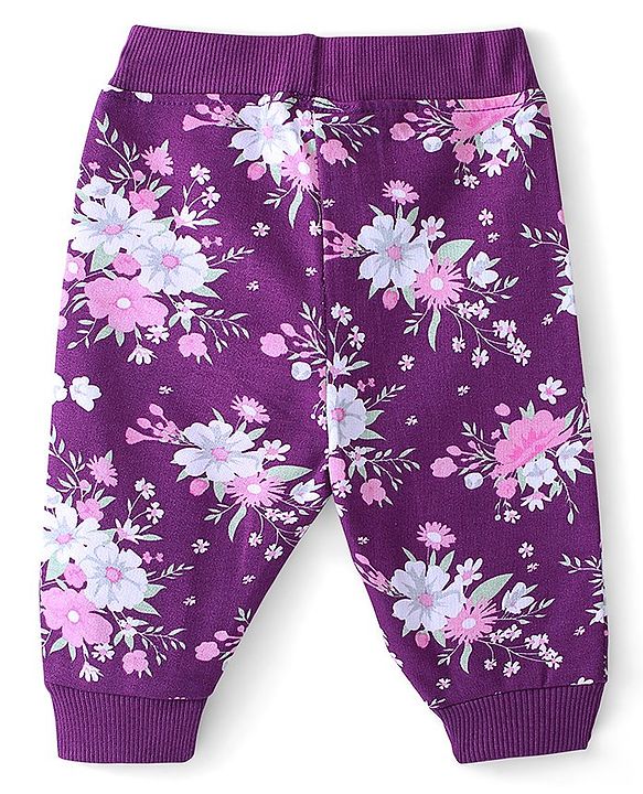 Babyhug Cotton Looper Knit Full Length Lounge Pant Floral Print - Purple